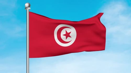 Animated Tunisia Flag Waving in Blue Sky Loop