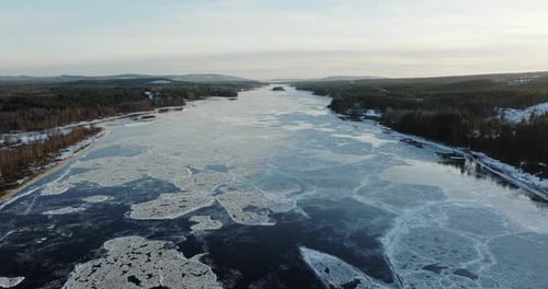 Drone View of Frozen River Water in Winter in Lofoten Islands Norway