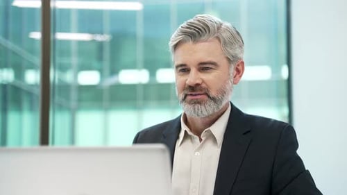 Smiling mature businessman working on a laptop sitting at workplace in business office. Worker