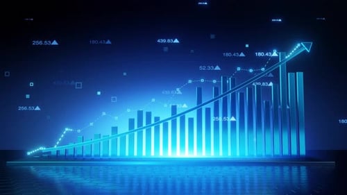 3D-Balkendiagramm mit steigendem Pfeil, der positive Wachstumstrends anzeigt
