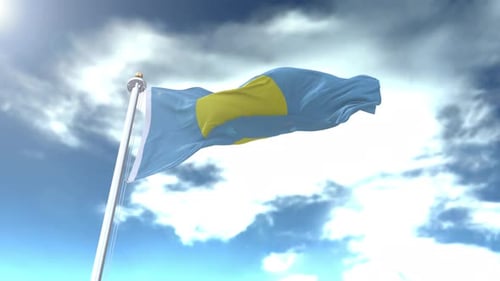 Realistic Palau Flag Waving in Dynamic Cloudy Sky