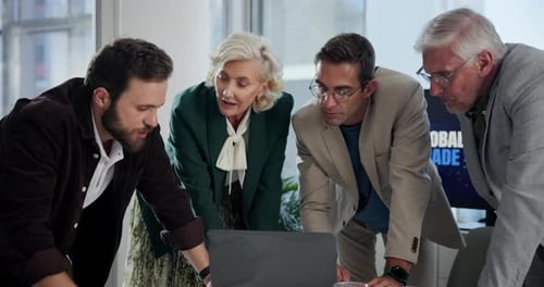 Planning, group and colleagues with laptop, boardroom and discussion for global trade with tech