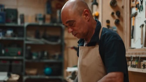 Luthier Carefully Sanding Unfinished Guitar Body in a Traditional Workshop