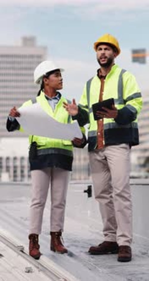Construction, blueprint and people on tablet on rooftop for building inspection
