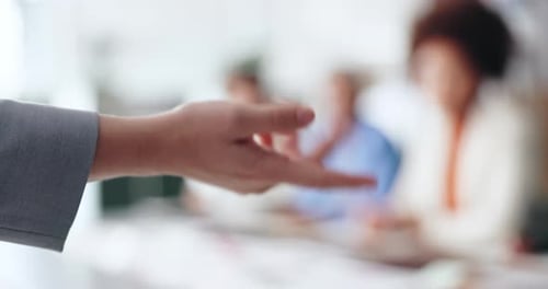 Explaining, hand and businesswoman in office for talking with company budget discussion