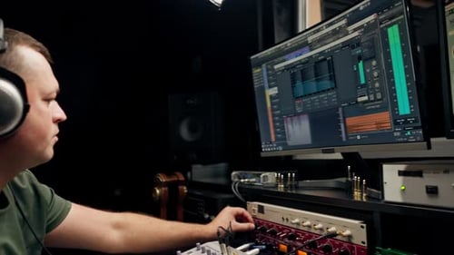 Tela do monitor de computador de um engenheiro de som mostrando faixas de áudio para mixar uma nova trilha sonora