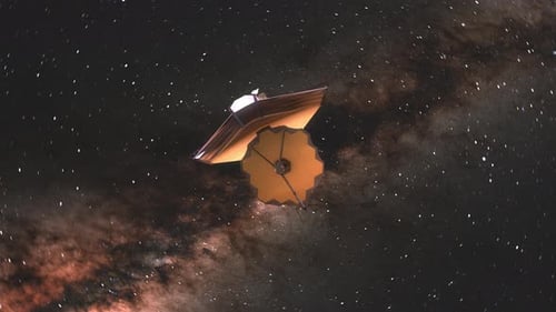 Télescope spatial James Webb avec caméra rotative et JWST passant devant la caméra pour prendre une photo de l'univers primitif