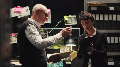 Detectives Examine Case Files in Dim Office