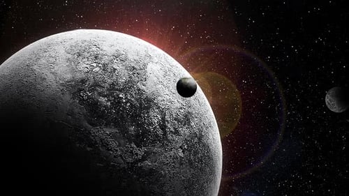 Planets Orbiting in Deep Space with Emerging Sun and Lens Flare