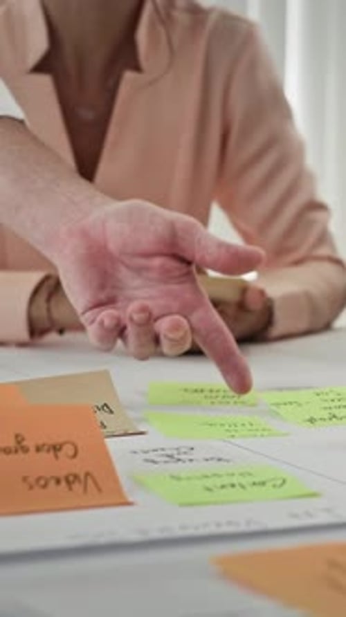 Empleados que crean un plan de proyecto con papel y pegatinas