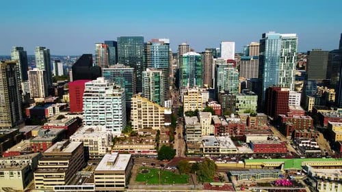 Slider Shot Of Beautiful Seattle Cityscape Skyline, High Commercial Buildings, Washington