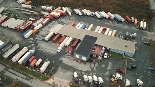 Aerial View Truck Semitrailer Parked in a Warehouse Parking Lot in Dartmouth