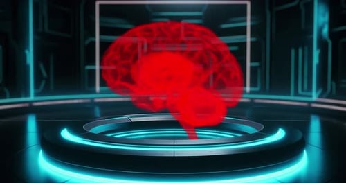 Rotating Holographic Human Brain in a Futuristic Tech Lab