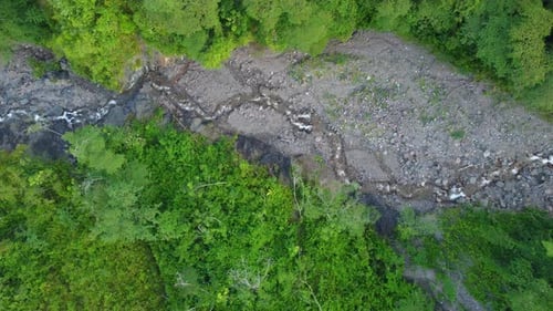 Ein Blick von oben nach unten aus der Vogelperspektive, der einem trockenen Flussbett in einem Regenwald mit einem kleinen Bach aus fließendem Wasser folgt
