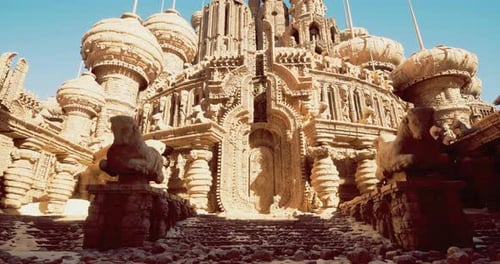 Intricate Ancient Architecture with Grand Entrance in a Desert Landscape