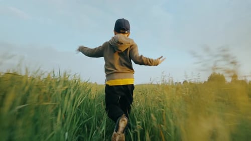 Back View of a Child Running on the Grass in a Field on a Summer Morning