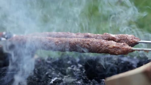 Close Up of Two Kebabs Rotating on a Barbecue
