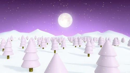 Stylized Winter Wonderland with Pink Trees and Full Moon