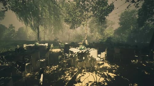 Dreamy Outdoor Dining Scene Under Soft Light in Lush Garden Space