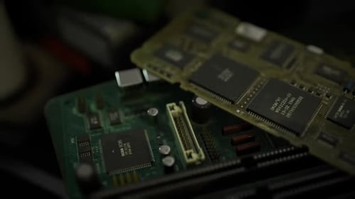 Magnified Photograph of Electronic Parts Including Chips and Solder Joints
