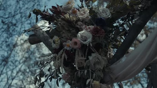 Detail Of A Beautiful Flowers Decorated For Arch On Wedding Ceremony - Outdoor Wedding - Close Up Sh