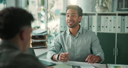 Man, interview and handshake with resume at office with smile, review and onboarding process