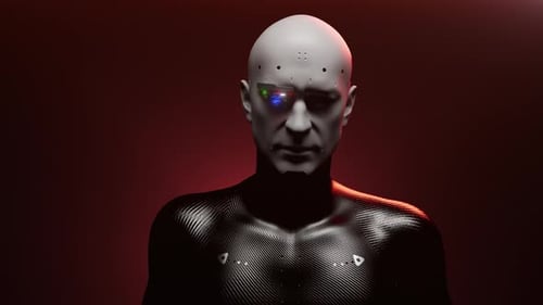 Soldaten der Zukunft. Ein menschlicher Roboter mit selbstbewusstem Gang