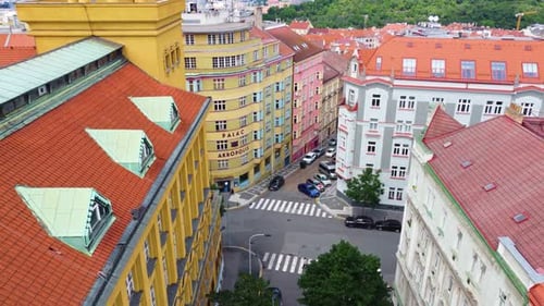 Above View Of Colorful Medieval Buildings In The Old Town Of Prague In Czech Republic. Aerial Shot