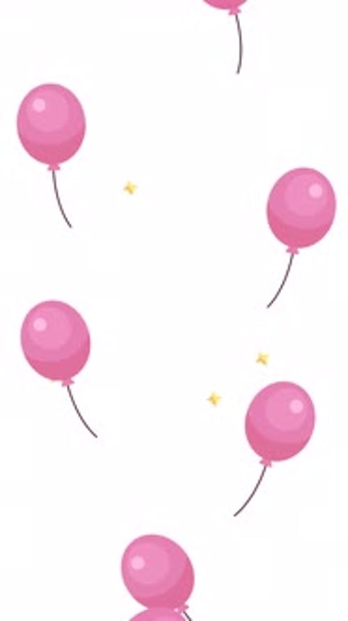 Pink balloons floating upward with yellow sparkles 2D vertical animation