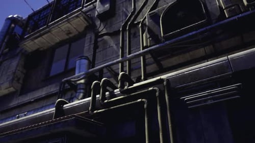 Gritty Industrial Building Facade With Pipes And Vents Cinematic Pan