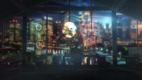 Programmer Working with Global Futuristic User Interface in Office at Night