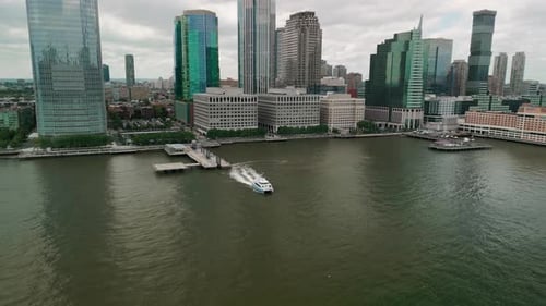 Aerial Drone View of the New York City Skyline Buildings in Hudson Yards the River Jersey Cityscape