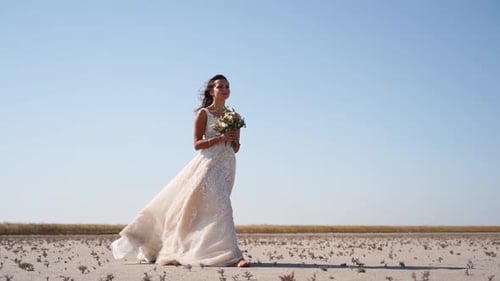 Pretty Woman in Gorgeous Wedding Dress Walking at Desert Landscape Windy Weather Elegance Bride with
