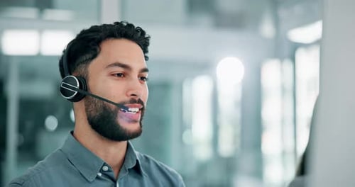 Man, headset or mic in helpdesk, call centre or telemarketing as crm, communication or support