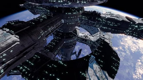 Futuristic Space Station Orbiting Earth in Dark Space Animation