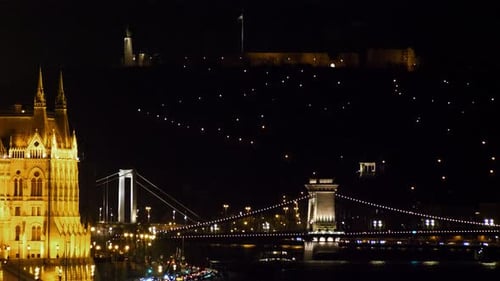 Budapest city (Hungary capital) center view with illuminated Erzsébet Bridge and Danube river at nig
