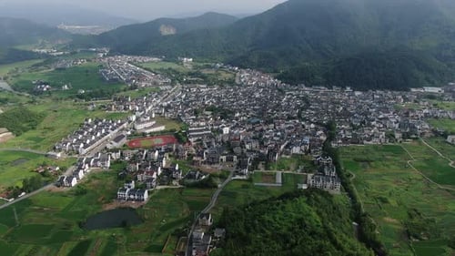 Aerial View of Longmen Old Town in Hangzhou City Zhejiang Province China