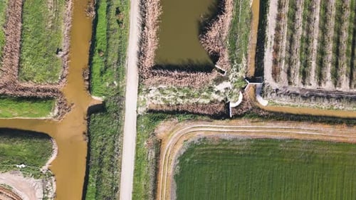 Network of irrigation ditches in Spain, aerial top down view