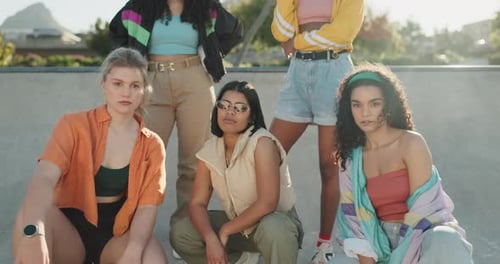 Women, gen z or fashion of friends in city with attitude, cool swag or streetwear style together