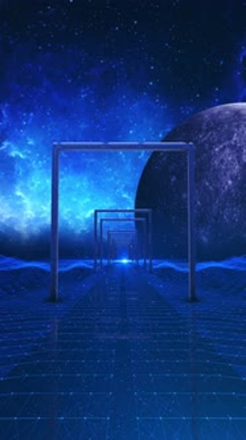 Futuristischer digitaler Gateway-Korridor, Weltraumumgebung, bildet virtuelles Terrain, Gateway-Pfad