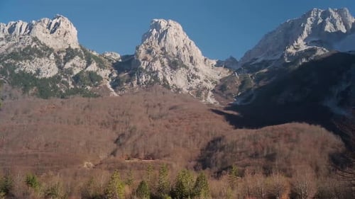 The famous and beautiful Valbona valley in the Albanian Alps. Hiking in the mountains during the fal