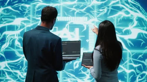 High Tech Workspace Colleagues Using AI System Doing Brainstorming