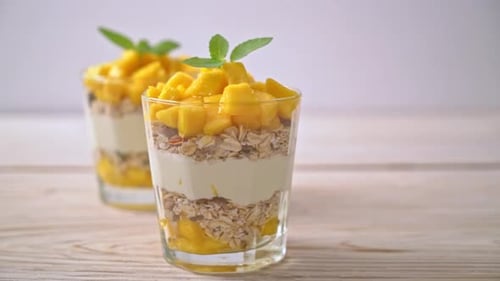 fresh mango yogurt with granola in glass - healthy food style