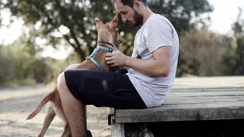 Man and Dog Embrace in Natural Setting
