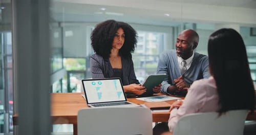 Teamwork, tablet and planning with business people in office for meeting, investment data and chart