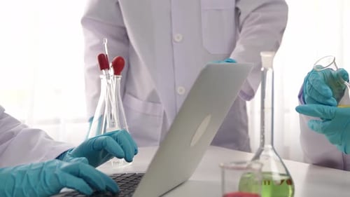 Scientists Working in Lab with Laptop and Beakers