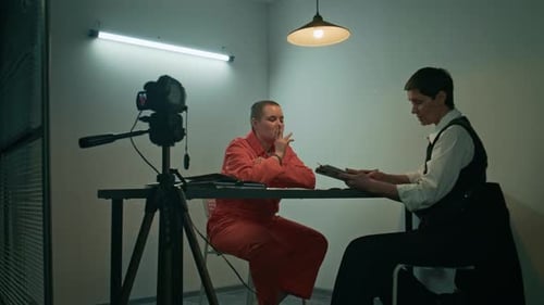 Woman in Jumpsuit Interviewed by Woman in Suit