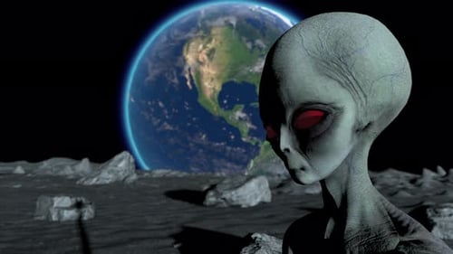 Gray Alien Stares at Earth from Lunar Surface