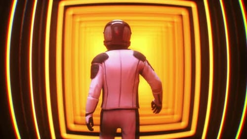 Astronaut Walking into Abstract Sci-Fi Light Tunnel