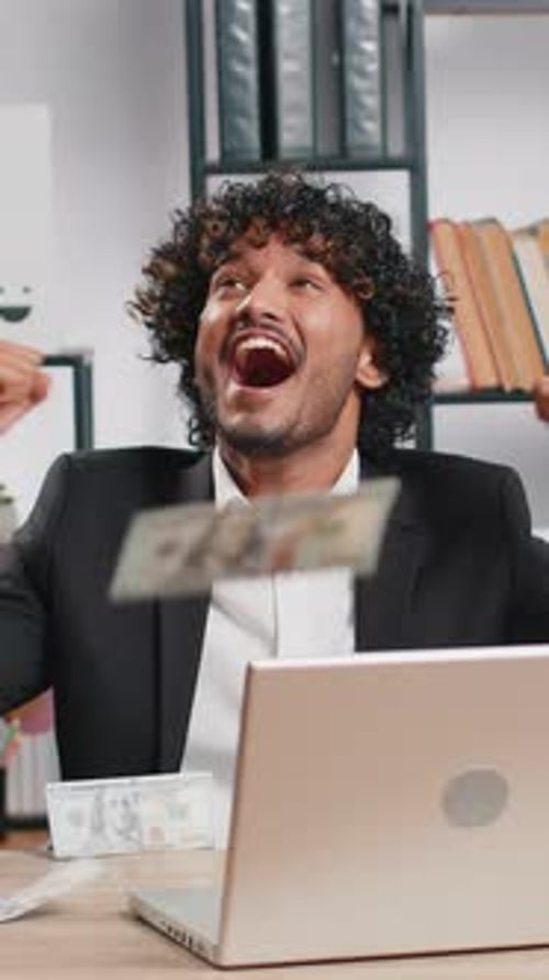 Money Cash Dollar Rain Falling on Adult Office Business Man Celebrating Success Winning Career Grow